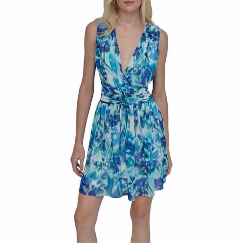 NWT DKNY Sleeveless Surplice Neck Ruched Drawstring Waist Dress, Indigo Multi, 8